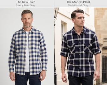 Flannel Shirt Mens Lumberjack Navy Blue Plaid Checkered Overshirt Jacket Camisa Lenador In 2 Styles The Madras Half Lined or The Kew Plaid
