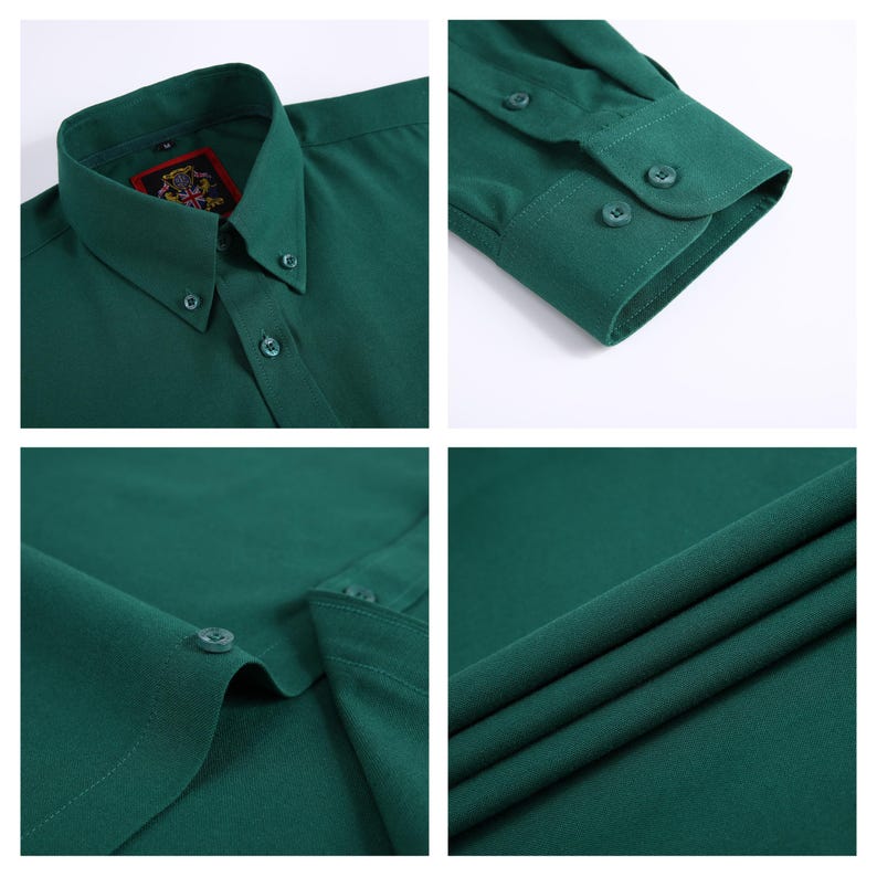 Peut inclure: Gros plan sur une chemise boutonn&eacute;e vert fonc&eacute;. L'image montre des d&eacute;tails du col, des boutons et de la texture du tissu. La chemise a un design classique avec un col boutonn&eacute; et des manches longues.