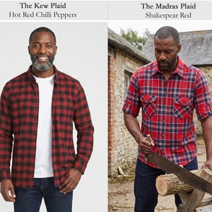 May include: Two long-sleeve button-down shirts. The left shirt features The Kew Plaid in Hot Red Chilli Peppers, a black and red buffalo check pattern worn over a white t-shirt. The right shirt features The Madras Plaid in Shakespear Red.