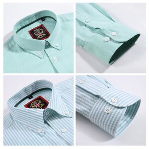 Puede incluir: Una camisa de manga larga con botones en color verde menta s&oacute;lido y en un patr&oacute;n de rayas verde menta y blanco. La camisa presenta un cuello abotonado, botones blancos y una etiqueta interior rectangular con un escudo y la bandera brit&aacute;nica.