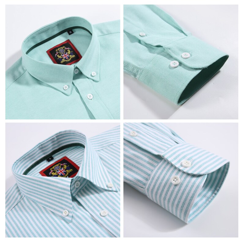 Puede incluir: Una camisa de manga larga con botones en color verde menta s&oacute;lido y en un patr&oacute;n de rayas verde menta y blanco. La camisa presenta un cuello abotonado, botones blancos y una etiqueta interior rectangular con un escudo y la bandera brit&aacute;nica.