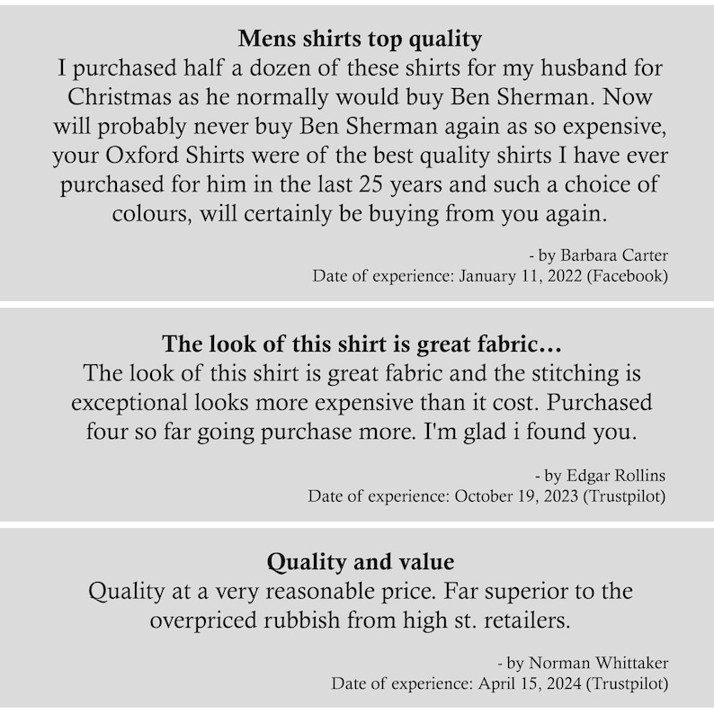 May include: Image features text reviews for shirts. The first review, "Mens shirts top quality", praises the quality and color selection. The second review, "The look of this shirt is great fabric...", highlights the fabric and stitching. The third review, "Quality and value", mentions a reasonable price.