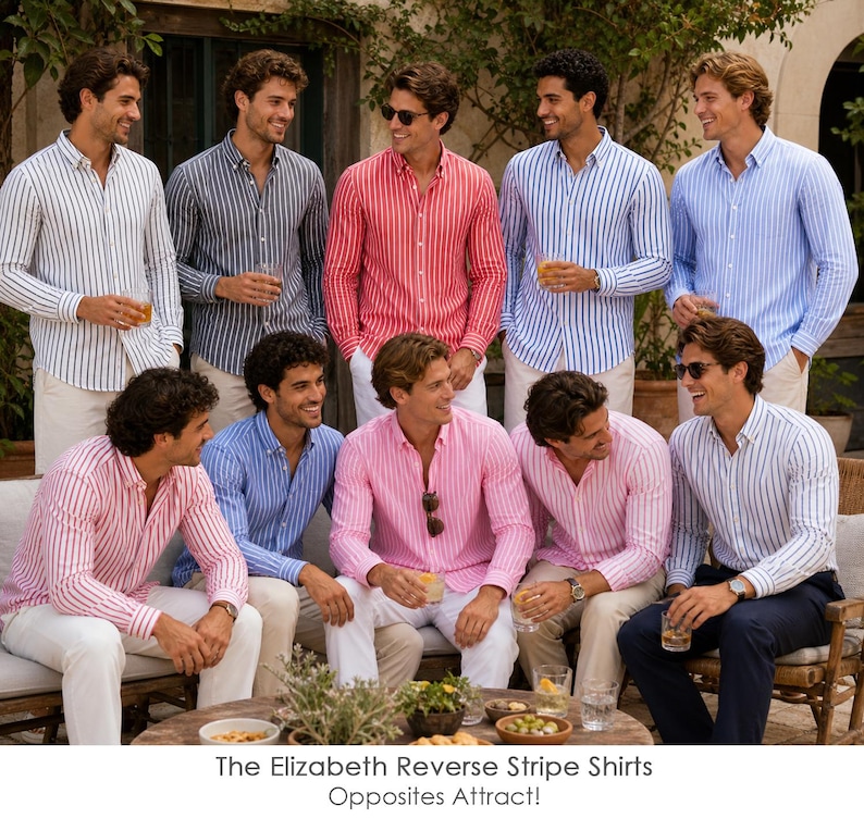 Op de afbeelding: Een groep mannen draagt gestreepte overhemden in verschillende kleuren, waaronder rood, roze, blauw en grijs. De overhemden hebben verticale strepen en worden gecombineerd met lichtgekleurde broeken. De tekst "The Elizabeth Reverse Stripe Shirts" en "Opposites Attract!" is inbegrepen.