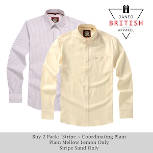 Herren Langarm Oxford Shirt.2 Pack oder Single.Plain oder passender Streifen; Button Down Kragen & Tasche.The Kensington.Lemon (insgesamt 12 Farben)