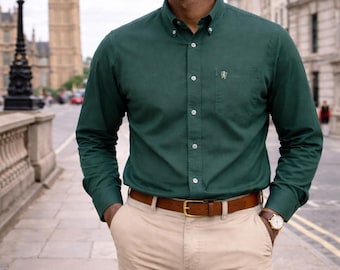 Camisa Oxford para hombre, color verde pino, tejido Oxford auténtico, de Janeo British Apparel. Lujosa, suave y sin arrugas. Atuendo informal para el fin de semana.