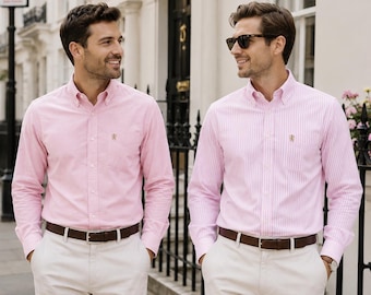 Herren Langarm Oxford Shirt.2 Pack oder Single.Plain oder passender Streifen; Button Down Kragen & Tasche.The Kensington.Pink (insgesamt 12 Farben)