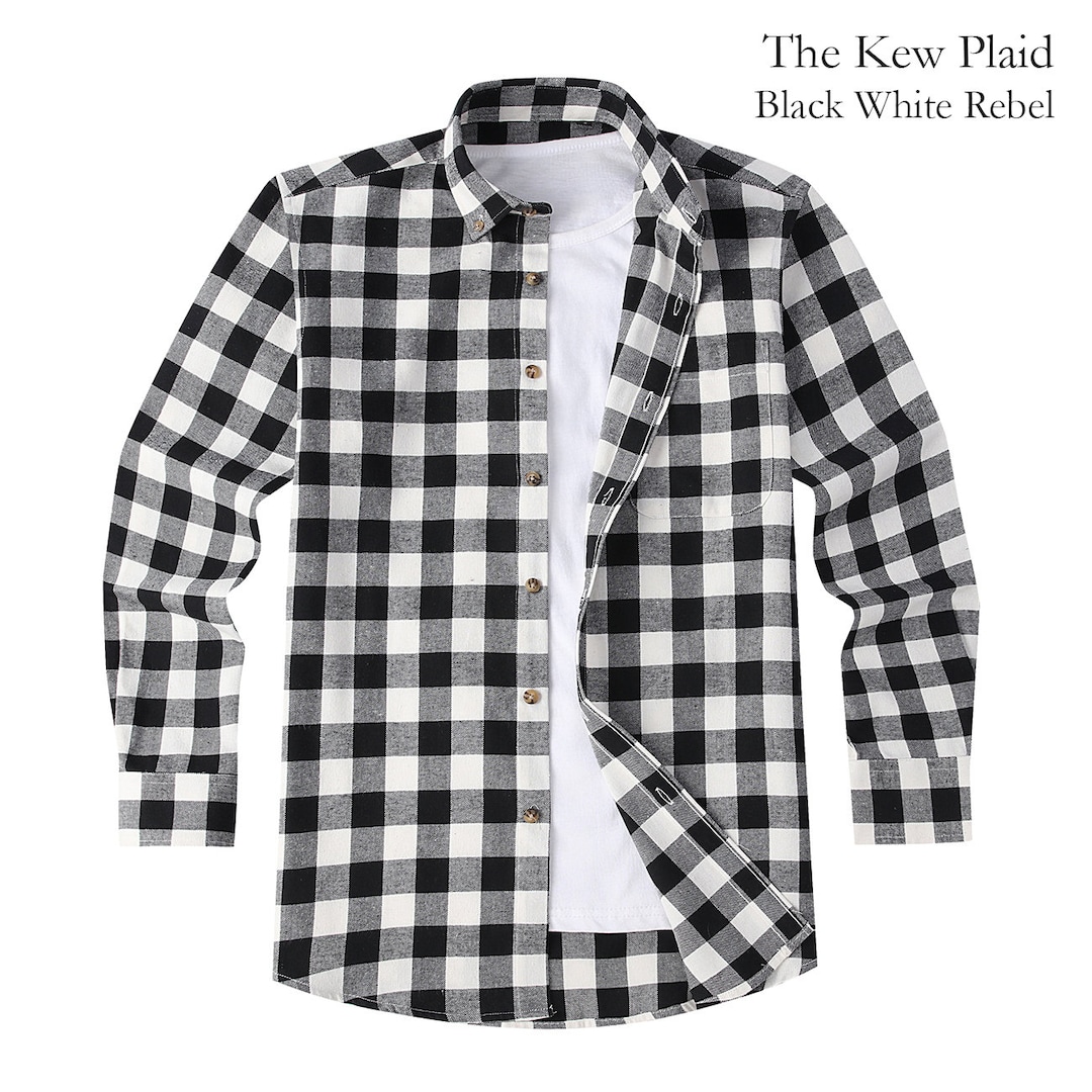 Work Shirt Flannel Checked black × white Mens Flannel Shirt Lumberjack Black White Cotton Plaid Check