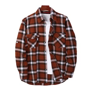 Herren Holzfäller Flanellhemd Gebürstete Baumwolle Karo, Halb gefüttert Zurück Vintage Soft Braun Karo Tartan Karo Überhemd, aufgesetzte Tasche Chemise