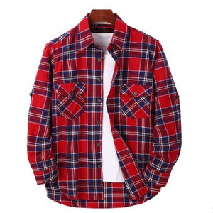 Herren Holzfäller Hemd Flanell Gebürstete Baumwolle Karo, Halb Gefüttert Zurück Vintage Weich Rot Navy Tartan Kariert Überhemd, Büffel Chemise Homme