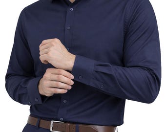 Mens Navy Blue Shirt,Single & Double Cuff Options.Formal Wedding Long Sleeve Plain Dress Shirts,Regular Fit.The London Plains.13 Colors Mens Navy Blue Shirt,Single & Double Cuff Options.Formal Wedding Long Sleeve Plain Dress Shirts,Regular Fit.The London Plains.13 Colors