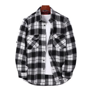 Flanellhemd Herren Holzfäller Baumwolle Karo Karo, lässiges, halb gefüttertes Vintage Schwarz-Weiß-Überhemd, Patch-Taschenstil Tartan Karo-Chemise