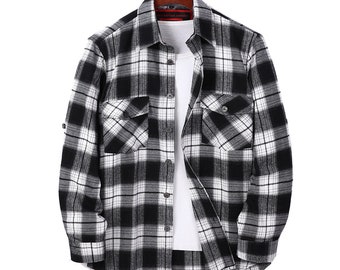 Flannel Shirt Mens Lumberjack Cotton Plaid Check,Casual Half Lined Vintage Black White Overshirt,Patch Pocket Style Tartan Checked Chemise