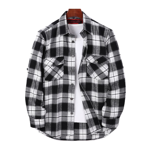 Flannel Shirt Mens Lumberjack Cotton Plaid Check,Casual Half Lined Vintage Black White Overshirt,Patch Pocket Style Tartan Checked Chemise