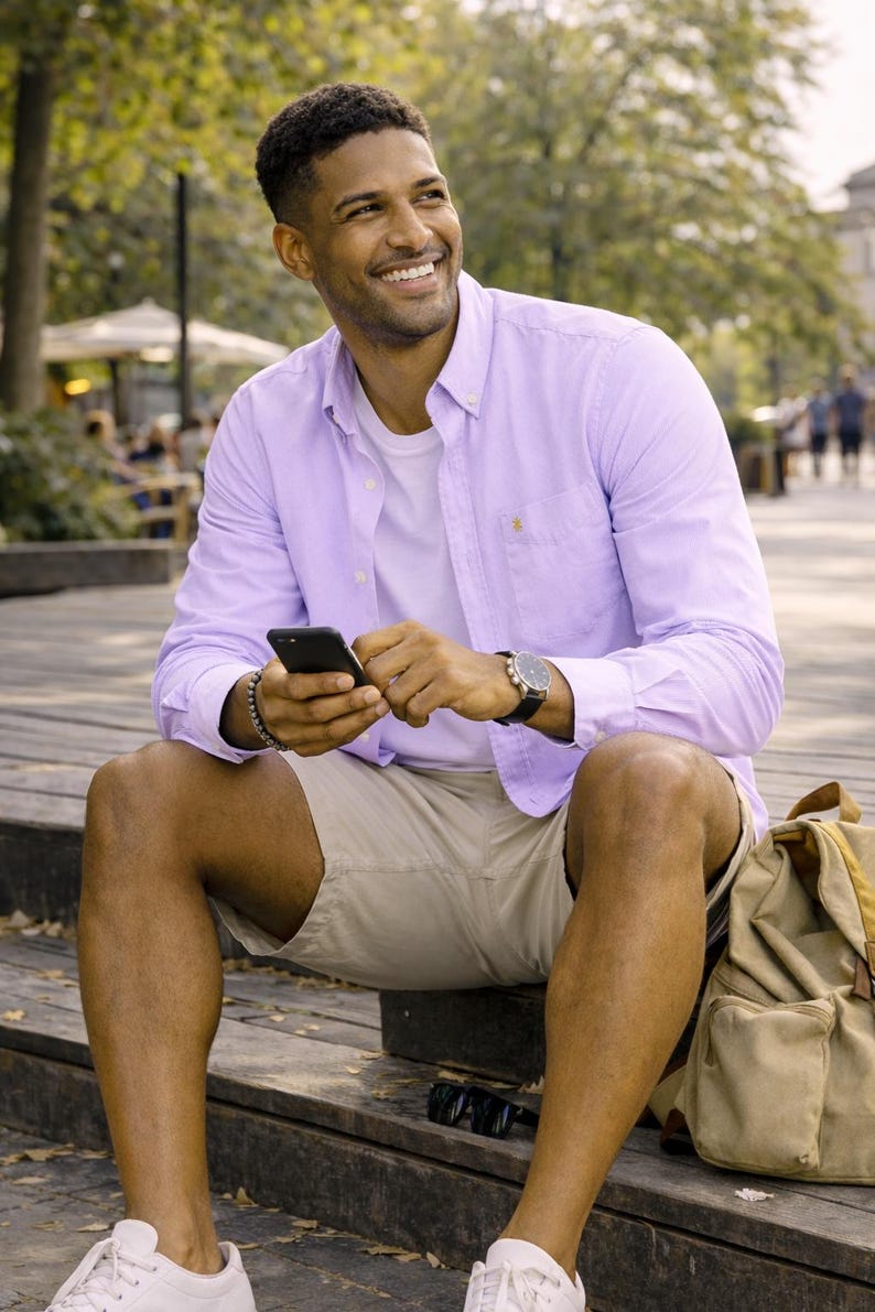 Puede incluir: Una persona con una camisa abotonada de color p&uacute;rpura claro, una camiseta blanca y pantalones cortos color caqui, sosteniendo un tel&eacute;fono inteligente negro. Lleva un reloj con una correa negra y una pulsera plateada. Tambi&eacute;n se ve una mochila color canela y zapatillas blancas.