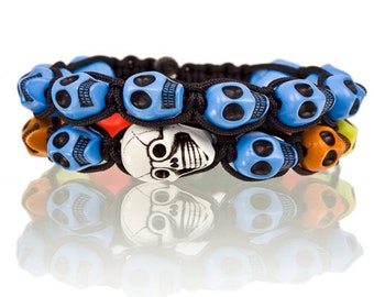 Shamballa Jewellery Cord Bangle Bracelets Pair with Multi Colour Skulls, Unique & Modern Statement Accessory with Adjustable Cuff Size
