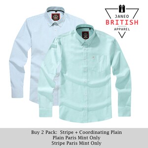Puede incluir: Dos camisas de manga larga con botones, una en color verde menta s&oacute;lido y otra con un patr&oacute;n de rayas verticales en blanco y verde menta. Ambas camisas cuentan con cuello abotonado, bolsillo en el pecho y el logo Janeo British Apparel.