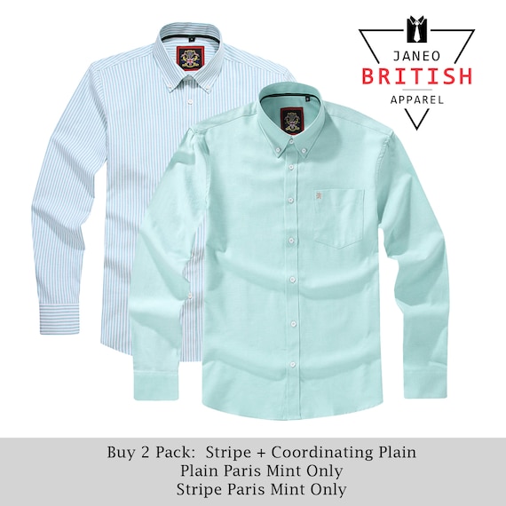 Mens Long Sleeve Oxford Shirt.2 Pack or Single.Plain or Matching Stripe;Button Down Collar & Pocket.The Kensington. Mint (12 Colors Total)