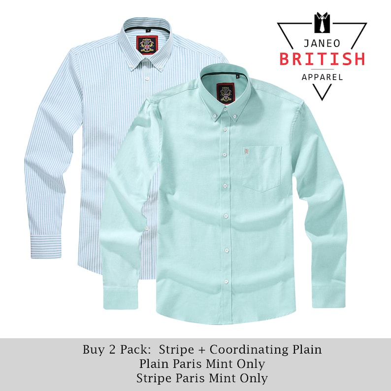 Puede incluir: Dos camisas de manga larga con botones, una en color verde menta s&oacute;lido y otra con un patr&oacute;n de rayas verticales en blanco y verde menta. Ambas camisas cuentan con cuello abotonado, bolsillo en el pecho y el logo Janeo British Apparel.