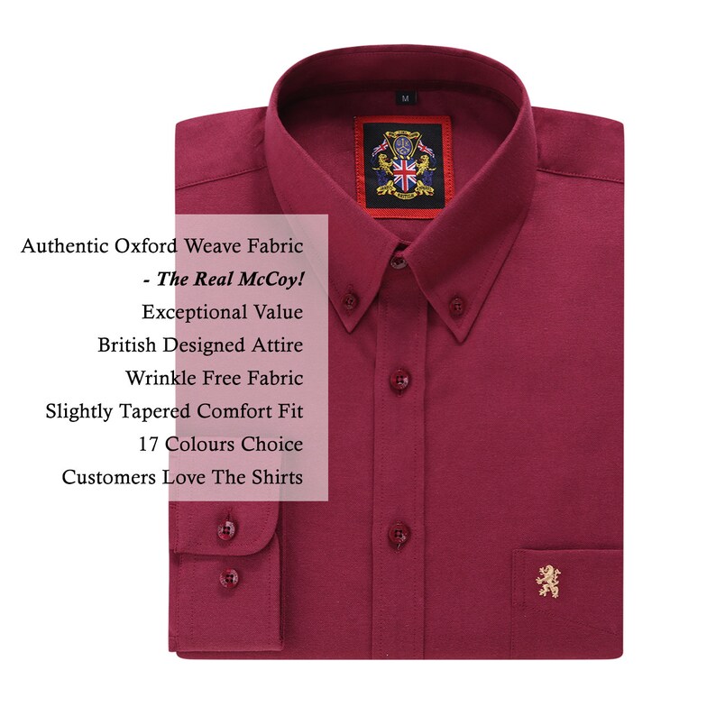 May include: A deep red button-down shirt with a button-down collar, a chest pocket with a gold emblem, and a label with a crest. The shirt features text that reads "Authentic Oxford Weave Fabric - The Real McCoy!" and other details.