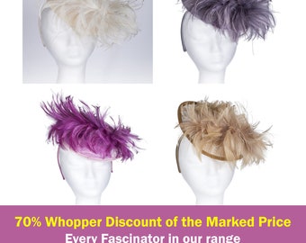 Wide Brimmed Feather Fascinator, Statement style with Plumes & Chiffon Tissue Fabric Corsage Sinamay Fabric Base.70% Discounted,No Brainer!