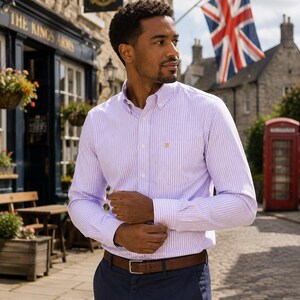 Puede incluir: Una camisa de manga larga con botones, un patr&oacute;n de rayas verticales en color morado claro y blanco, cuello abotonado y un bolsillo en el pecho con un peque&ntilde;o logotipo bordado. La camisa est&aacute; metida por dentro de un pantal&oacute;n azul oscuro con cintur&oacute;n de cuero marr&oacute;n.