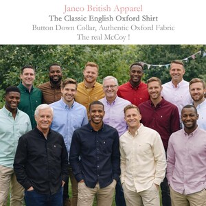 May include: A group of men wearing classic Oxford shirts in a variety of colours. The shirts have button-down collars and are made from authentic Oxford fabric. Text at the top reads "Janeo British Apparel" and "The Classic English Oxford Shirt".