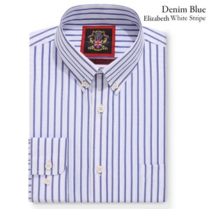 Op de afbeelding: Gevouwen denim blauw en wit gestreept overhemd. Het overhemd heeft een button-down kraag, manchetten met knopen en een borstzak. Het label luidt "Denim Blue Elizabeth White Stripe".