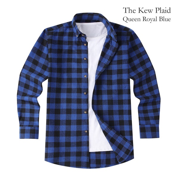 Flannel Shirt Mens Lumberjack Navy Royal Plaid Check Jacket Overshirt 2 Styles The Madras Flap Pockets Half Lined Version or The Kew Plaid