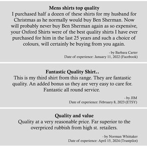 Puede incluir: Una representaci&oacute;n gr&aacute;fica de tres rese&ntilde;as de clientes sobre un fondo gris claro. El texto incluye t&iacute;tulos como Mens shirts top quality, Fantastic Quality Shirt y Quality and value, junto con los nombres de los clientes y las fechas.