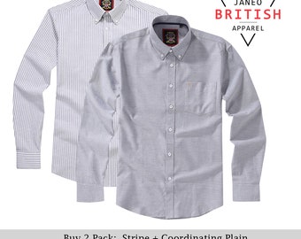 Mens Long Sleeve Oxford Shirt.2 Pack or Single.Plain or Matching Stripe;Button Down Collar & Pocket.The Kensington.Grey (12 Colors Total)