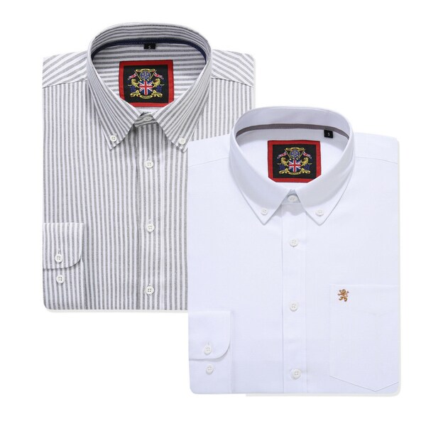 Mens Long Sleeve Oxford Shirt.2 Pack or Single.Plain or Matching Stripe;Button Down Collar & Pocket.The Kensington.White (12 Colors Total)