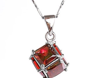 Siam Red Love Cube Pendant Necklace on a Fine Delicate Chain, Cubic Zircon Style, Costume Jewellery, Great for Anniversary Gift