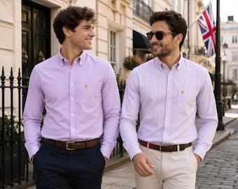 Herren Langarm Oxford Shirt.2Pack, schlicht + passender Streifen oder separate, Button Down Kragen & Tasche.Die Kensington.Lavender (insgesamt 12 Farben)