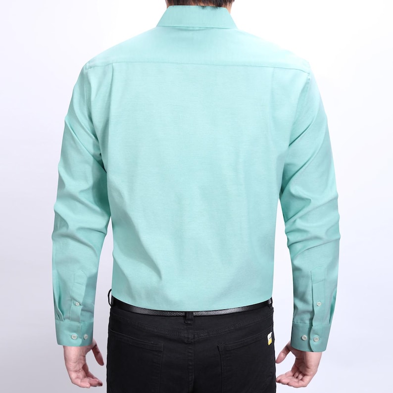 May include: A light green long-sleeve shirt with a button-down collar and buttoned cuffs. The shirt is paired with black pants and a black belt. The back view of the shirt is shown.