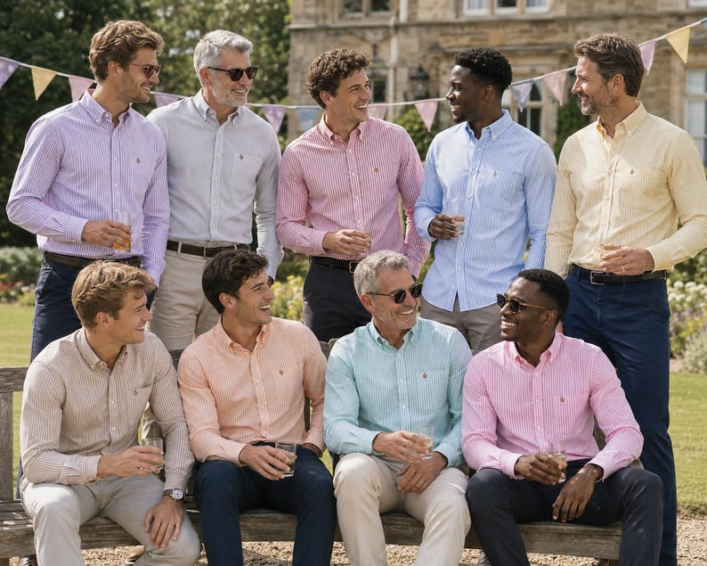 Puede incluir: Un grupo de personas que visten camisas de manga larga con botones en varios patrones de rayas y colores s&oacute;lidos, incluyendo azul claro, rosa, amarillo y beige, combinadas con pantalones y cinturones, de pie y sentadas al aire libre.