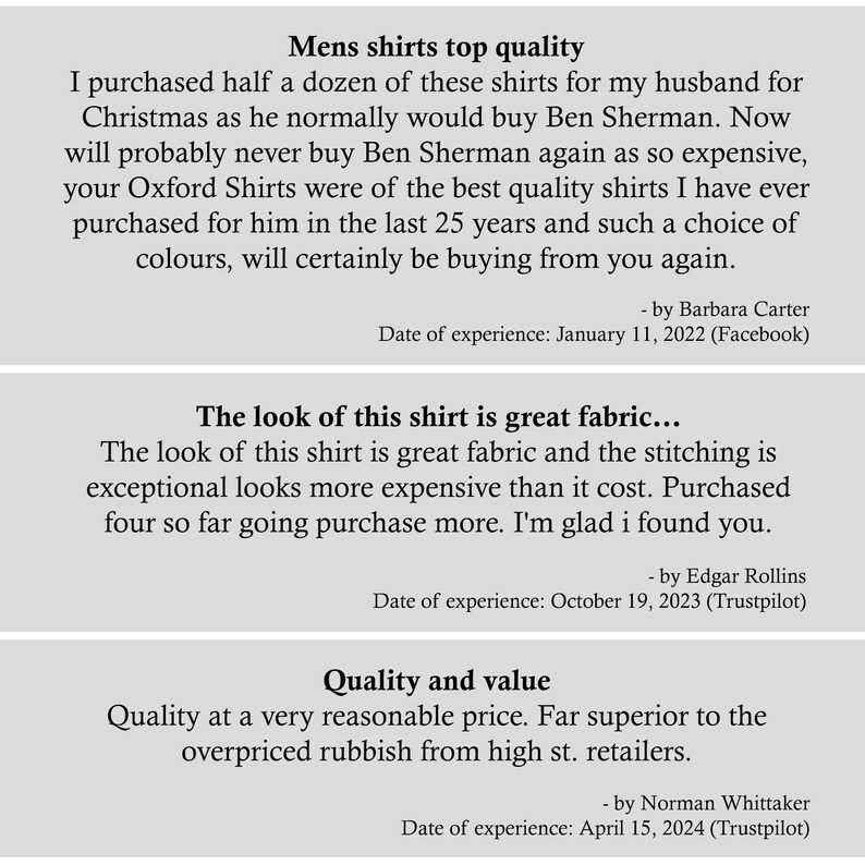 May include: Image shows customer reviews for shirts. The first review is titled "Mens shirts top quality" and mentions purchasing shirts. The second review is titled "The look of this shirt is great fabric..." and praises the shirt's quality. The third review is titled "Quality and value".