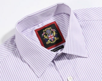 Camisa formal a rayas de manga larga para hombre. Opción de puño simple y doble, vestido de trabajo de negocios de ajuste regular. Lavanda The Windsor. (7 colores en total)