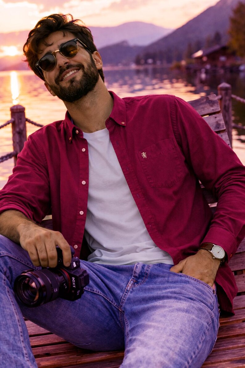 May include: A man in a burgundy shirt, white t-shirt, and blue jeans, wearing sunglasses and a wristwatch. He is holding a camera. The background features a lake and mountains, with a sunset in the distance.