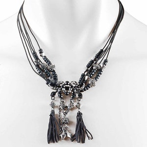 Charms & Cord Costume Necklace Jewelry,Beads and Tassels.Jet Black,Czech Crystals,Layered Waxed Cords.Party Necklace Value Gift Idea For Her