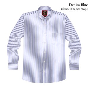 Op de afbeelding: Denim blau overhemd met witte verticale strepen. Het shirt met lange mouwen heeft een button-down kraag en een borstzak. De tekst "Denim Blue Elizabeth White Stripe" is rechtsboven zichtbaar.
