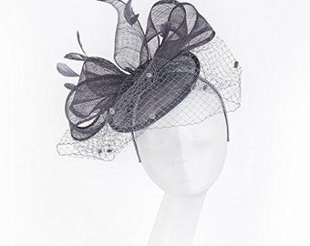 Janeo Theodora Fascinator, Classic Double Bows on a Circular Disc Base, all made of Sinamay Fabric, Net Veil & Feathers, softly Style - Grey