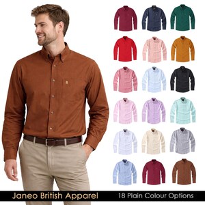 May include: A man in a brown button-down shirt, showcasing 18 plain-coloured button-down shirt options. The shirts are in various colours, including red, blue, and green. The text reads 'Janeo British Apparel'.
