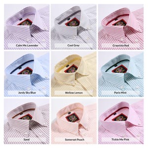 Puede incluir: Una cuadr&iacute;cula de nueve camisas abotonadas con rayas verticales en varios colores, incluyendo lavanda, gris, rojo, azul cielo, amarillo, menta, arena, melocot&oacute;n y rosa. Cada camisa tiene un cuello puntiagudo, una tapeta frontal y una etiqueta.