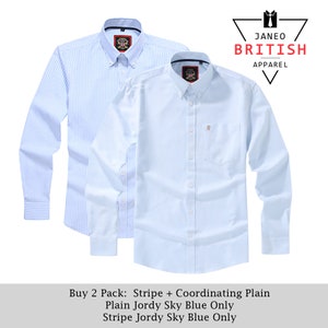 Mens Long Sleeve Oxford Shirt.2 Pack or Single.Plain or Matching Stripe;Button Down Collar & Pocket.The Kensington.Sky Blue (12 Color Total)