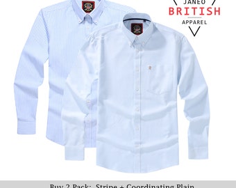 Mens Long Sleeve Oxford Shirt.2 Pack or Single.Plain or Matching Stripe;Button Down Collar & Pocket.The Kensington.Sky Blue (12 Color Total)