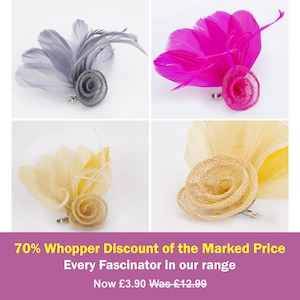 Headwear Mini Hairpin Fascinator or Lapel Brooch Pin, Stunning Quaint Fan Shape Feather, Sinamay Rose 4 Colours - 70% Discount