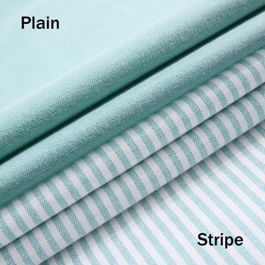 Puede incluir: Una tela textil que presenta dos patrones distintos: una secci&oacute;n de color verde menta s&oacute;lido etiquetada como Plain y una secci&oacute;n con rayas verticales alternas en blanco y verde menta etiquetada como Stripe. La tela tiene una textura tejida visible.