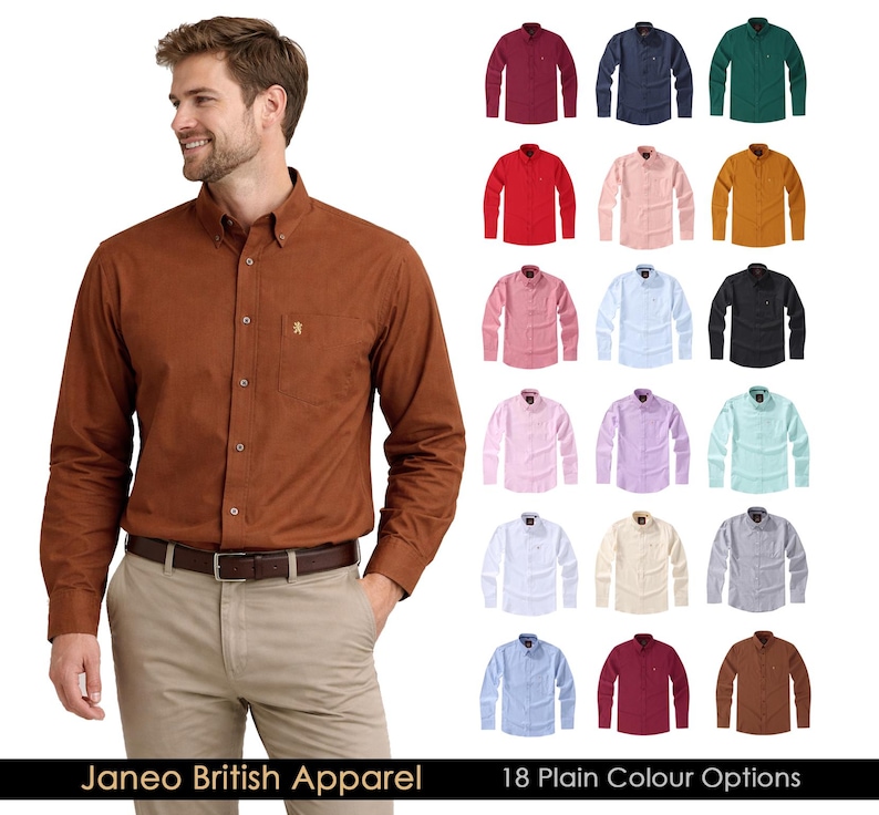 May include: A man wearing a brown button-down shirt with a small embroidered logo on the chest. The image displays 18 plain color options of button-down shirts. The text reads "Janeo British Apparel" and "18 Plain Colour Options."