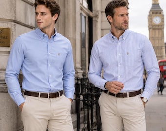 Camisa Oxford de manga larga para hombre. Paquete de 2/Unidad. Lisa o a rayas a juego. Cuello abotonado y bolsillo. The Kensington. Azul océano (12 colores en total).