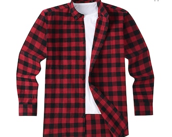 Vintage Mens Lumberjack Flannel Cotton Shirt Checked Plaid Tartan,Casual Buffalo Overshirt Red Black - The Kew Plaid or Red Navy -The Madras